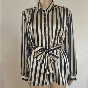 Silk Striped Long Sleeves Bottom Up Top Blouse